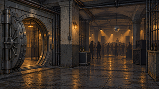 The dark steel interior of a basement club